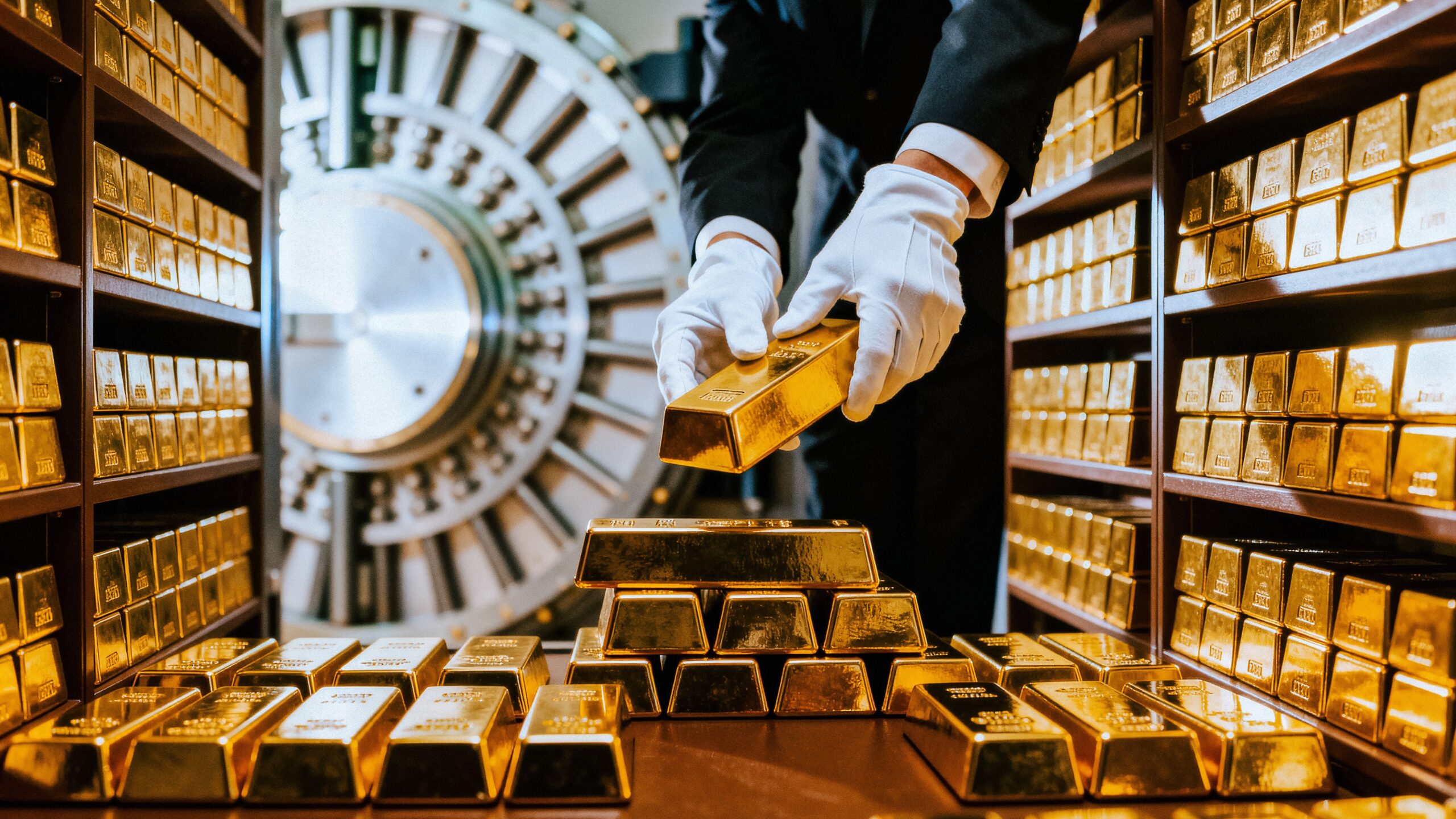 A,Person,Wearing,White,Gloves,Stacks,Gold,Bars,In,A